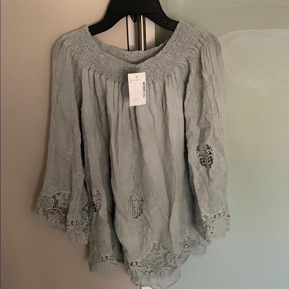 Saks Fifth Avenue Gray Ruffled Blouse with Lace Trim